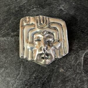 Mexican Sterling Silver Art Deco Pre Columbian Mask Brooch 1930's-1940's Vintage